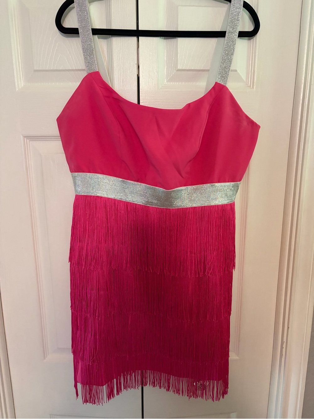 Hot Pink Fringe Mini Dress with Silver Trim